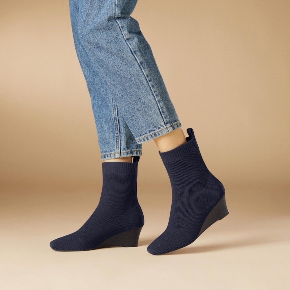 VIVAIA Margot Wedge Bootie Navy Water-Repellent Square Toe Ankle Boots US/9.5